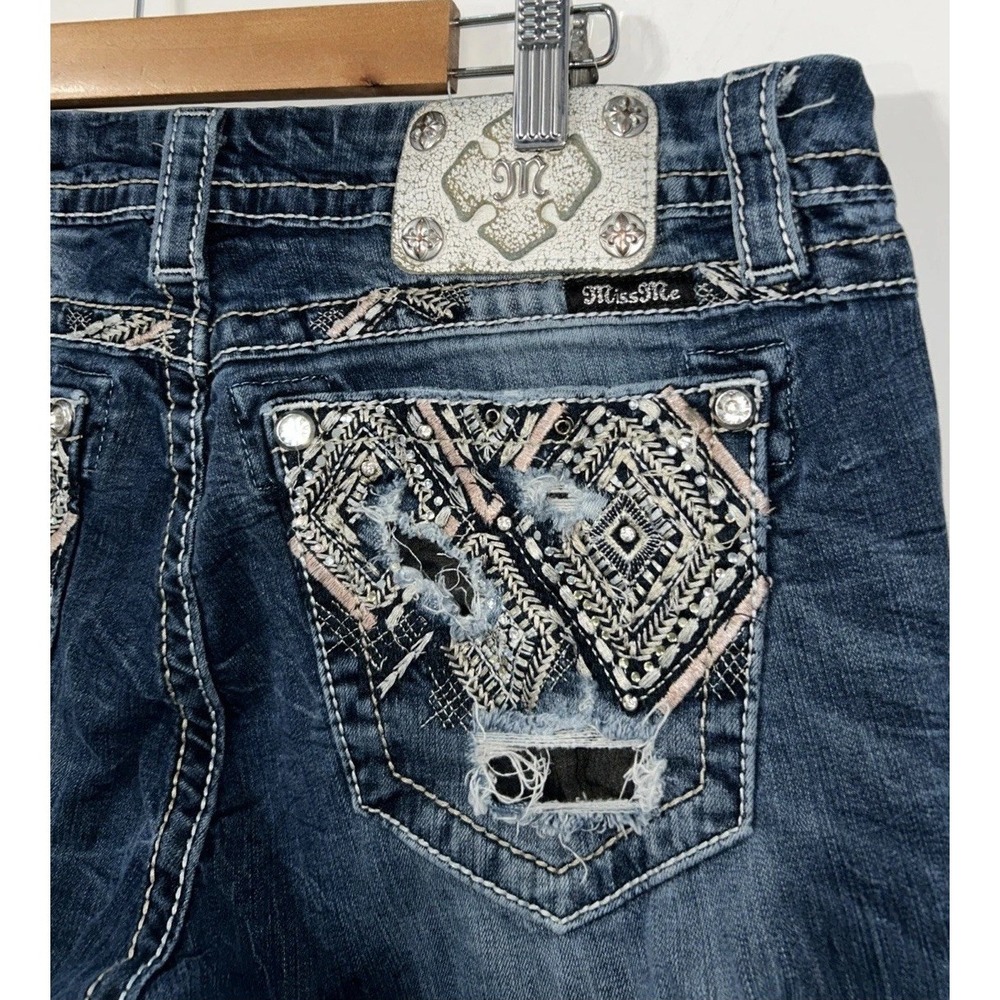 Women's Miss Me Jeans Mid Rise Crop Embellished Embroidered Aztec Blue Denim